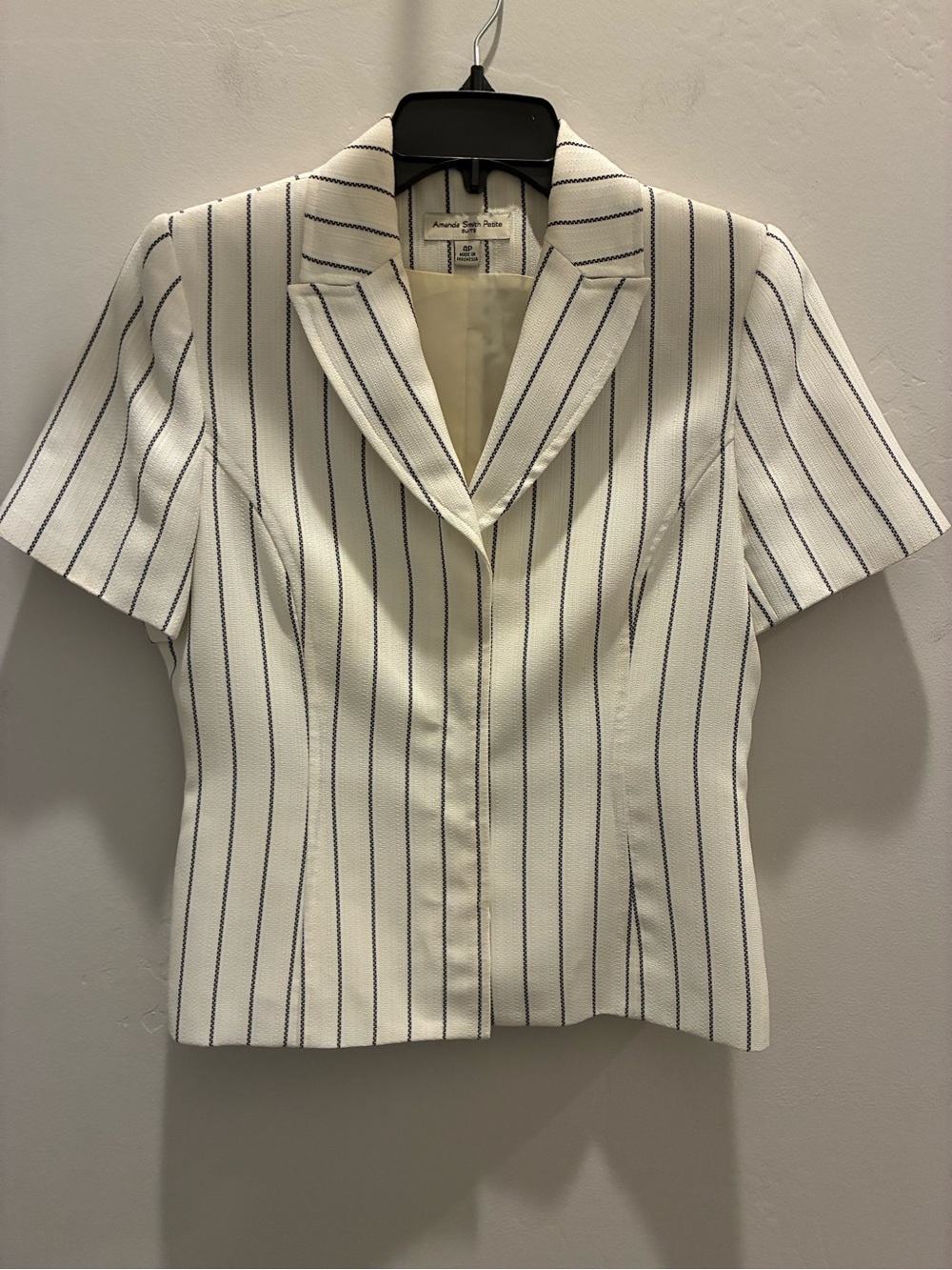 Amanda Smith Cream Button-Down Short Sleeve Top with Navy Pinstripes